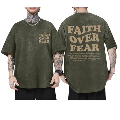 Image of Christian Shirts for Men Faith Over Fear Oversized Shirt Acid Wash Tshirt Graphic Religious T Shirt Bible Verse Tees