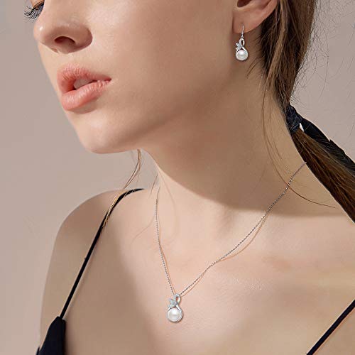 Elequeen 925 Sterling Silver Cz Cream Freshwater Cultured Pearl Leaf Bridal Necklace Hook Earrings Set Clear For Women Girls, Valentine's Day/Mother's Day/Christmas Jewelry Gift For Girlfriend/Mom #TOP1