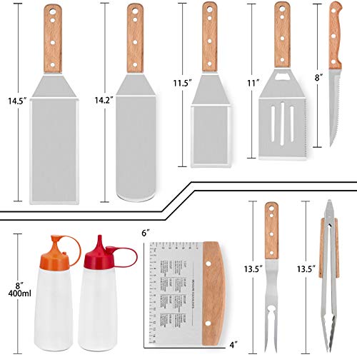 Hasteel Griddle Accessories Kit 14 Pcs, Metal Griddle Spatula Set With Carrying Bag, Stainless Steel Grill Spatulas/Scrapers/Tong/Meat Fork/Brush/Egg Rings/Bottles For Teppanyaki Bbq Flat Top Cooking #TOP1
