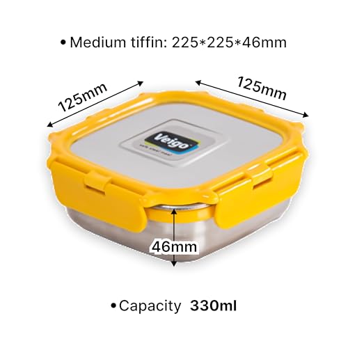 Image of Veigo Original Stainless Steel Medium Snack Box (330 ml)| Airtight & Leakproof| Freezer & Dishwasher Safe| Snacks Box for School|Silicone Ring & Polymer Frame| Safe Lid Lock| Yellow