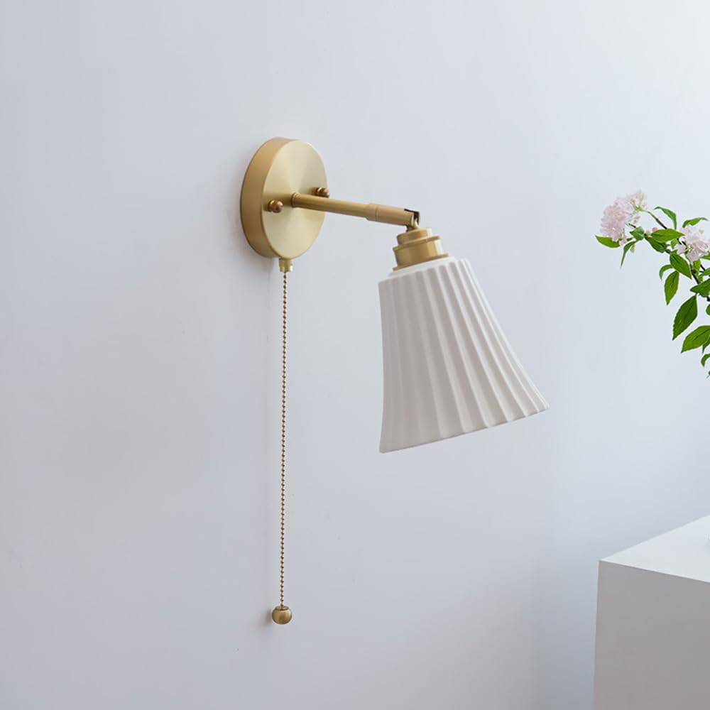 Modern Ribbed Milk White Glass Straight Arm Wall Sconce Nordic Gold Sconce with Chain Switch Warehouse Farmhouse Bedside Wall Lighting for Girl Bedroom Bathroom Living Room
