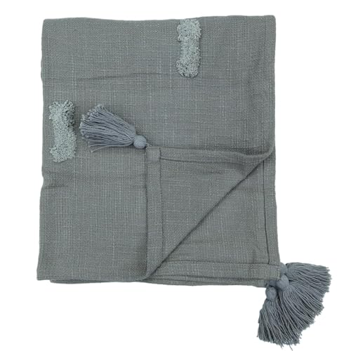 Image of Tufted Cotton Throw Blanket for Sofa & Bed | Handwoven Grey Decorative Throw with Tassels | Soft Couch Throw for 3 Seater, Living Room & Bedroom 125x150 cm