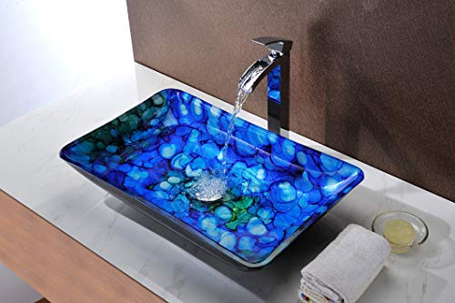 Anzzi Voce Rectangular Tempered Deco Glass Vessel Bathroom Sink In Lustrous Blue | Top Mount Toilet Sinks Above Counter | Square Vanity Countertop Sink Bowl With Pop Up Drain | Ls-Az040 #TOP1