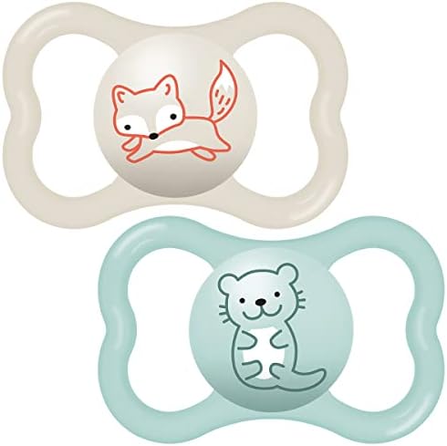 MAM Air Soothers 12+ Months (Pack of 2), Baby Soothers with Sterilisable Travel Case, Baby Essentials, Blue / Cream (Designs May Vary)