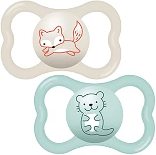 MAM Air Soothers 12+ Months (Pack of 2), Baby Soothers with Sterilisable Travel Case, Baby Essentials, Blue / Cream (Designs May Vary)