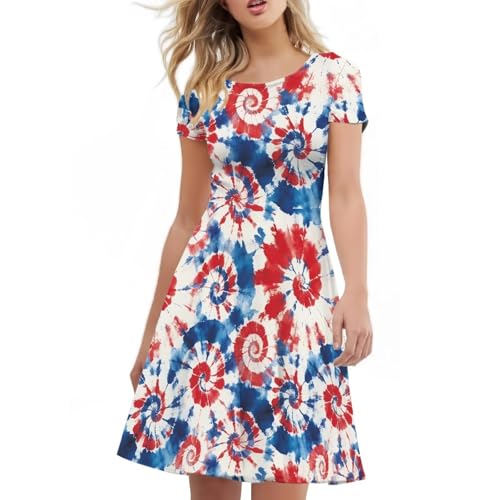 Image of HUGS IDEA Womens Puffy Swing Midi Dress Round Neck Short Sleeve Party A-Line Dresses