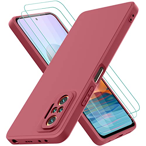 Oureidoo Funda para Xiaomi Redmi Note 10 Pro con 3 Unidades Cristal Templado, Carcasa de Sedoso-Tacto Suave Silicona Líquida, Cubierta a Prueba de Golpes con Forro de Microfibra, Vino Rojo