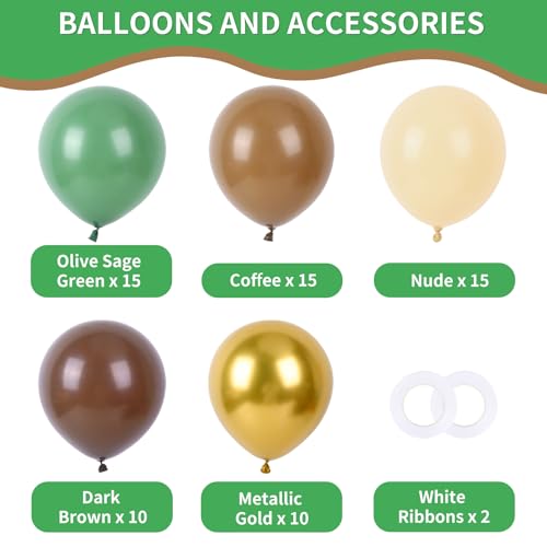Image of RUBFAC Sage Green and Brown Balloons, 65pcs Olive Green Dark Brown Coffee Nude Gold Metallic Party Balloons for Camo Army Hunting Birthday Jungle Safari Woodland Floral
