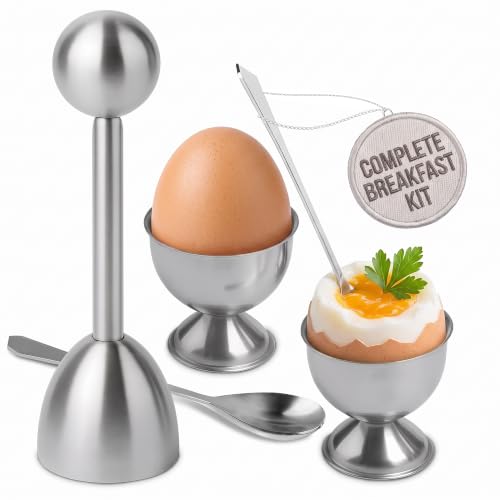Soft Boiled Egg Holder Cups with Spoons, 2 Pcs Each, Stainless Steel