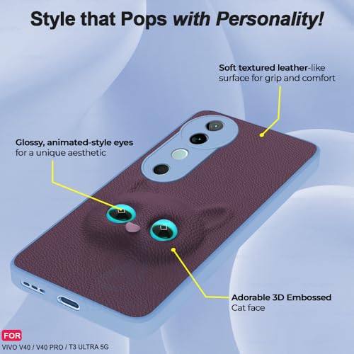 Image of AESTMO Back Case Cover for Vivo V40 / V40 Pro / T3 Ultra 5G Back Cover | 3D Cat Cover | Leather Finish | Full Body Protection | Camera Protection Back Cover (Purple)