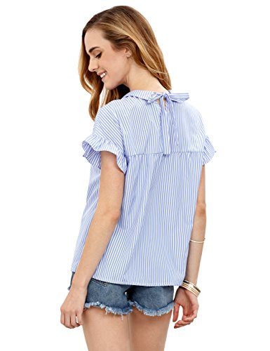 Shein Women's Striped Collar Blouse Short Ruffle Sleeve Babydoll Shirt Top Large Blue #TOP1