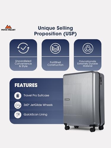 Image of Move-Meant Travel PRO Cabin Size Trolley Bag for Travel, 55cm, Silver - Small Hard Shell Luggage - 360 Degree Spinner Wheels - Unisex - Polycarbonate Suitcase - Combination Lock - Flight Short Trips
