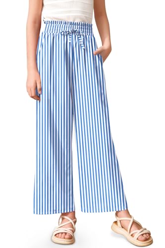 Image of Girls Summer Floral Wide Leg Pants High Waisted Flowy Dress Trousers with Pockets for School Lounge Beach 5-14 Years