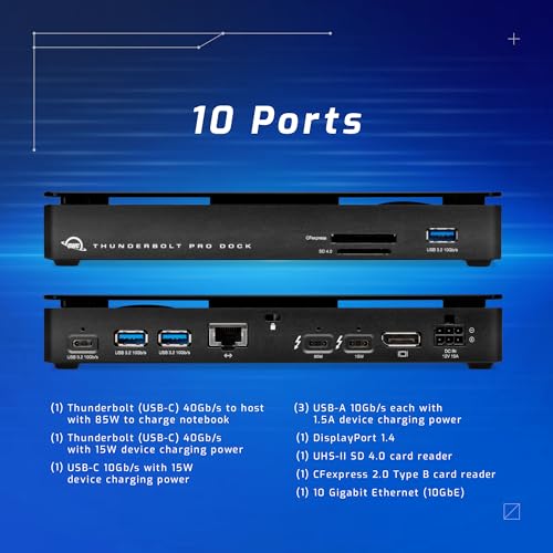 Image of OWC 10-port Thunderbolt Pro Dock, 85W charging, Dual Thunderbolt 40 Gb /s (USB-C), USB-C and (3) USB Type A 10Gb /s, DisplayPort, 10GbE, CFexpress, SD, Single 8K or Dual 6K 60Hz Displays, For Mac and PC | Dual Thunderbolt Ports, USB 3.2 Type-C, Three USB 3.2 Type-a Ports, Displayport 1.4, 10 Gigabit Ethernet, 85W Power Delivery