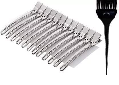VEDETIC Section Clips 3.5 inches Metal Curl Clips Duck Bill Sectioning Clips Alligator Hair Clips with 1 Hair Coloring Brush Hair Clip (Silver)