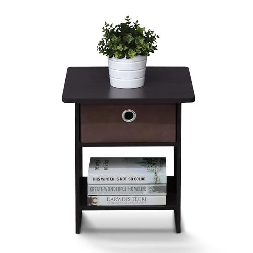 Image of Furinno Dario End Table / Side Table / Night Stand / Bedside Table with Bin Drawer, 1-Pack, Dark Walnut | 1x Storage Bin, Round Corner Night Stand with Open Back Shelf, Bedside Table, for Living Room, Bedroom