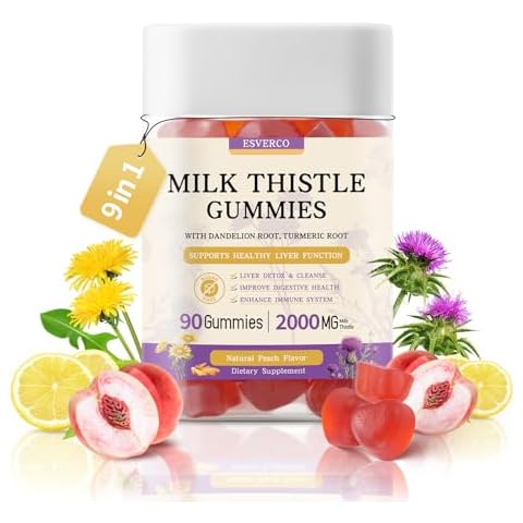 Milk Thistle Gummies with 2000MG Extract, Liver Cleanse Detox & Repair Gummies, Silymarin Milk Thistle Supplement with Artichoke, Dandelion, Turmeric Curcumin, No Sugar, for Adults, Vegan, 90 Count Cover