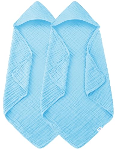 Image of SWEET DOLPHIN Muslin Hooded Baby Bath Towels - 2 Pack 100% Cotton Towel for Babies, Infants, Toddlers - 32x32Inch - Highly Absorbent and Newborn Essential, Blue