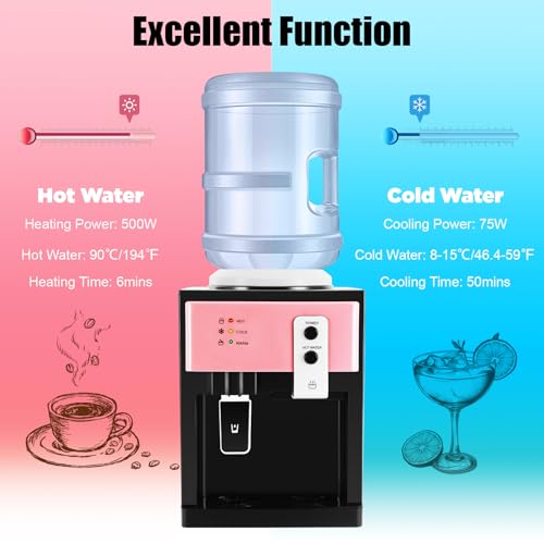 Image of Top Loading Hot & Cold Water Dispenser - Desktop Electric Cooler with 3 Temperature Settings, Fits 1.1-4.9 Gal Bottles, 575W Fast Heating & Cooling, for Home, Office, Kitchen, Bedroom (Pink)
