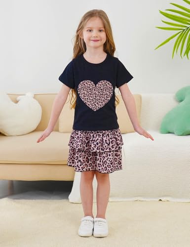 Image of Little Girls Skirt Set - 2 Piece Short Sleeve Top Shirred Tiered Skirt Outfit Girls Spring Summer Clothes 3-8 Years