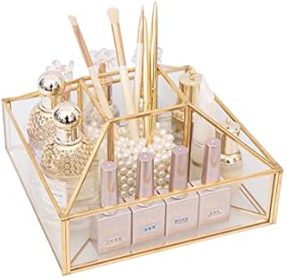 HARLIANGXY 360 Degree Rotation Make-Up Organiser, Glass Cosmetic Organiser, Worktop Cosmetic Storage Box, Mirror Glass Beauty Display, Brush Holder Gold