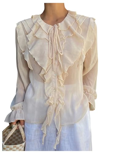 GORGLITTER Women's Chiffon Blouses Dressy Peasant Tops Boho Sheer Ruffle Bishop Long Sleeve Button Down Shirt