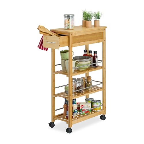 Relaxdays Küchenwagen, Bambus, Schublade, 3 Ablagen, Gewürze, Vorräte, HBT: 86,5 x 25 x 50,5 cm, Rollwagen, natur/silber