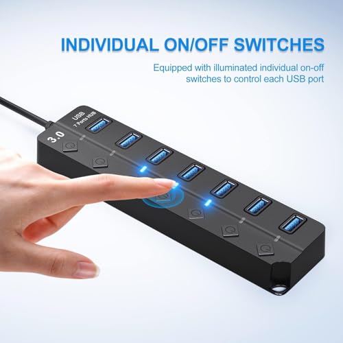 Image of USB Hub 3.0, 7-Port USB Hub Splitter with Individual On /Off Switches and Lights, 1 ft Long Cable Compatible with Laptop, Surface Pro, PS4, PC, Flash Drive, Mobile HDD