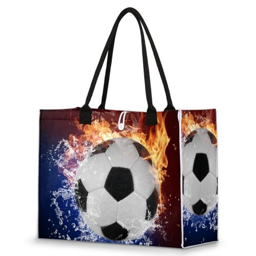 Soccer Ball Fire Water Tote Bag for Women Large Beach Bag Reusable Tote Bags for Work Travel Beach Shopping