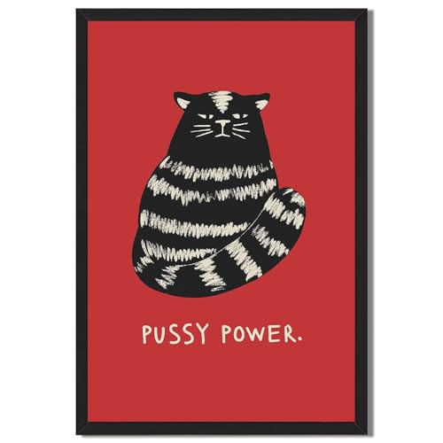 Framed Black Cat Pussy Power Poster Canvas Print Art, Quirky Wall Art Painting Pictures, Cute Wall Decor, Home Decor for Living Room Bedroom Apartment Dorm Room (Black Framed,12L X16W)
