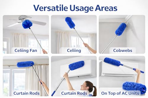 Jig-Tik 100 Inch Extendable Ceiling Fan Cleaning Duster with Telescopic Stainless Steel Rod | Detachable & Washable Microfiber Heads | Long Handle for Fan, Cobweb, AC & Curtain Cleaning (Blue) 3 41nyIKg5AcL