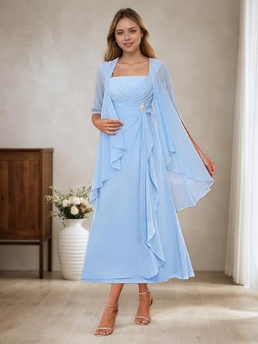 2 Piece Mother of The Bride Dresses with Jacket Ruffle Chiffon Formal Evening Dress2