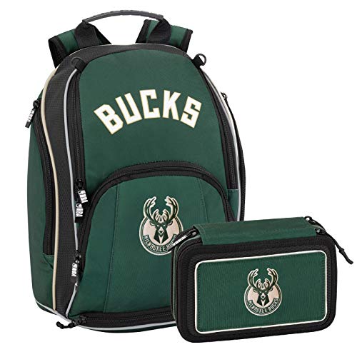 NBA Milwaukee Bucks Schoolpack: Mochila escolar organizada y estuche con 3 cremalleras