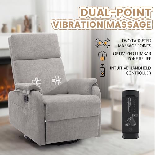 Image of Korser Swivel Rocking Recliner with Massage, Small Glider Chair for Nursery, Modern-Designed Armrests Chair for Adults Living Room, Chenille, Grey