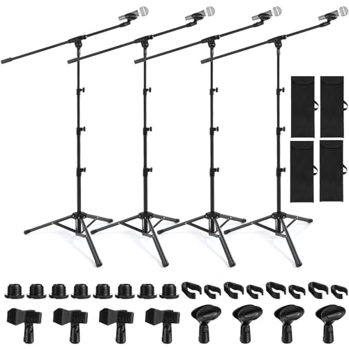 Relaxweex 4 Pcs 4 Pcs Tripod Microphone Stand Boom Arm Floor Mic Stand Adjustable Height 26-67 inch with 4 Carrying Bag and 8 Mic Clips for Singing Stage Wedding Stage Karaoke Church (Classic Style)