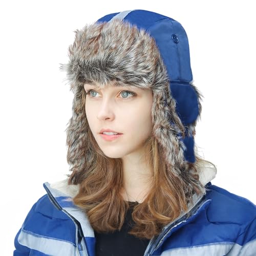 Image of Faux Fur Safety Reflective Aviator Trapper Hat Snow Ski Trooper Winter Cap