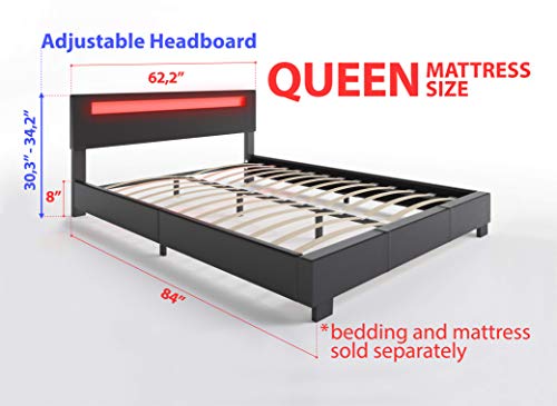 Ztozz Parma Led Bed Frame Queen Size - Contemporary Modern Low Profile Platform Bed With 16 Colors Led Adjustable Headboard And Pu Leather Upholstery - Black Color #TOP2