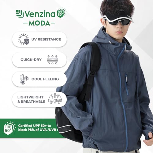 Image of Venzina Men's UPF 50+ Sun Protection Jacket, 4-Way Stretch Quick-Dry Windbreaker with Breathable Mesh & Elastic Cuffs, Sunscreen Jacket for Men - Hiking, Travel