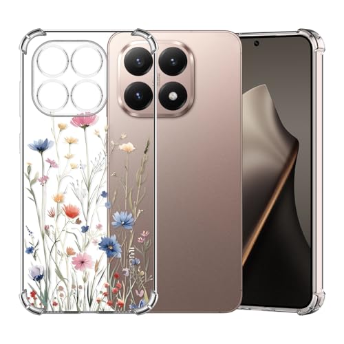 ChoosEU Transparent Hülle für Xiaomi Mi 15T / 15 T Weich TPU Silikon Case mit Blume Muster Motiv für Mädchen Frauen Dünne Handyhülle Stoßfeste Airbag Schutzhülle Durchsichtig Cover - Blau Rosa