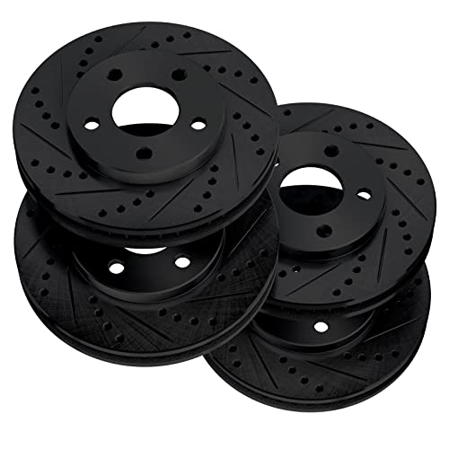 For 2010-2015 Chevrolet Camaro PowerSport Front Rear Black Zinc Cross Drilled Slotted Brake Rotors