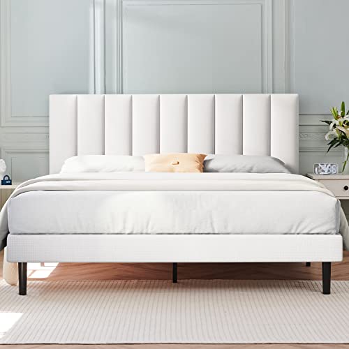Queen Bed Frame, Molblly Bed Frame Queen with Upholstered Headboard, Platform Bed Frame Queen with Wood Slat Support No Box Spring Needed, Queen Size Bed Frame Easy Assembly,White