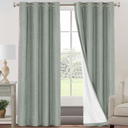 Image of PrinceDeco Linen 100% Blackout Curtains 84 Inches Length 2 Panels Set Grommet Curtains for Living Room Bedroom Thermal Insulated and Room Darkening Linen Curtains with White Liner,Green Bay,W42 X L84