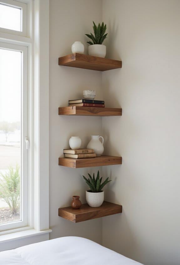 Image of Solid Wood Floating Wall Shelves Set of | Rustic Wooden Display Shelves for Living Room, Bedroom, Kitchen & Bathroom | Heavy Duty Wall Mounted Shelves (9 Inches, 4 Shelves)