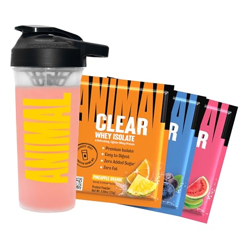 Animal Clear Whey Protein Isolate Sampler Pack & Shaker Bottle - Deliciously Juicy 20g Protein, Watermelon Limeade, Blueberry Acai, Pineapple Orange, 3 Single-Serving Packets