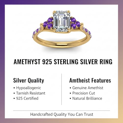 Image of Choose Your Gemstone Emerald Cut Petite Cathedral Diamond CZ Ring Yellow Gold Plated Emerald Shape Petite Engagement Rings for Women, Girls and Ladies US Size 4 to 12