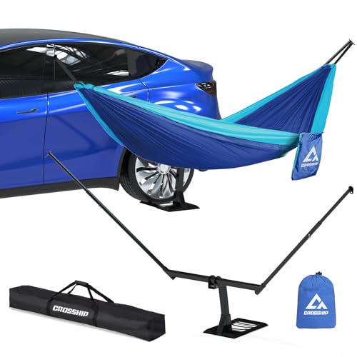 CROSSHIP Tire Mount Hammock Stand - Fits Universal Vehicle Tire - Includes Parachute Nylon Hammock & Storage Bag - for Camping Outdoor Travel (350lbs Weight Capacity)