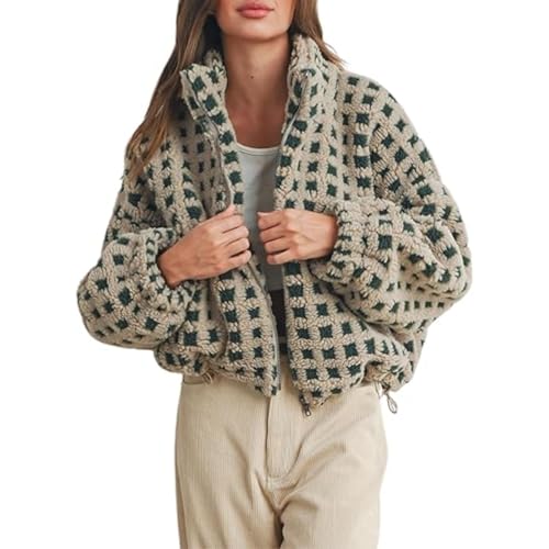Women's Checkered Sherpa Jacket Long Sleeve Fuzzy Zip Up Cropped Fleece Jackets Winter Casual Loose Teddy Outerwear