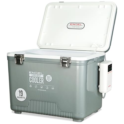 ENGEL 19 Quart Live Bait Cooler PRO for Fishing - Portable Minnow and Bait Bucket with Lithium-Ion Rechargeable Aerator - Silver (19Qt)