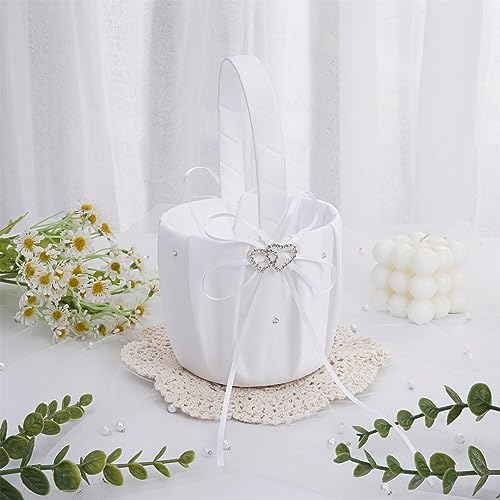 QIRMIZI Wedding Ring Pillow and Flower Girl Basket Set – Adorned with Pearl Rhinestones, White Satin,White by QIRMIZI - Image 2