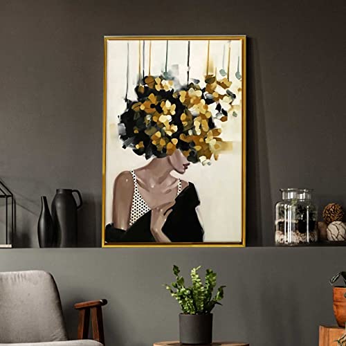 Image of PAINTINGMANTRA Mid Night Gold Girl With Flower Bouquet Gold Framed Canvas Print for Wall, Home and Living Room Decoration (Size - 23 x 17 Inchs)
